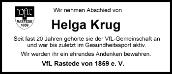 Traueranzeige von Helga Krug von Nordwest-Zeitung