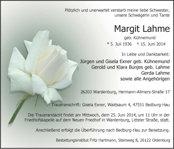 Traueranzeige von Margit Lahme von Nordwest-Zeitung