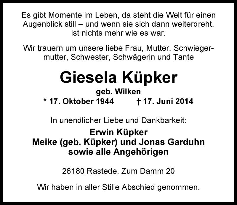  Traueranzeige für Giesela Küpker vom 23.06.2014 aus Nordwest-Zeitung