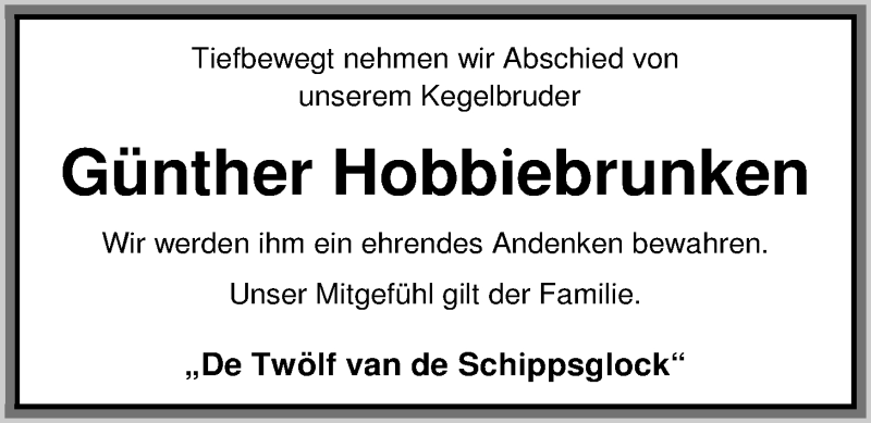  Traueranzeige für Günther Hobbiebrunken vom 21.06.2014 aus Nordwest-Zeitung