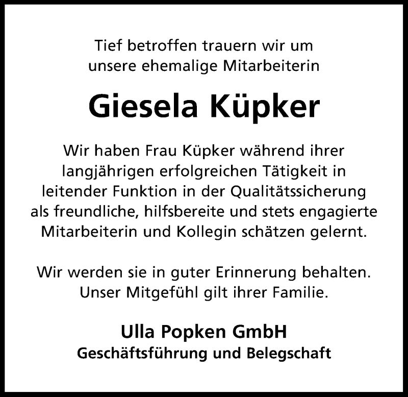  Traueranzeige für Giesela Küpker vom 23.06.2014 aus Nordwest-Zeitung