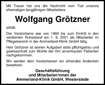 Traueranzeige von Wolfgang Grötzner von Nordwest-Zeitung