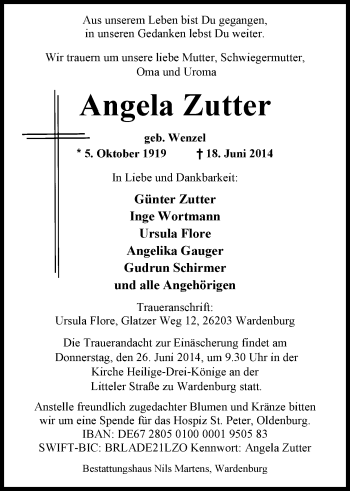Traueranzeige von Angela Zutter von Nordwest-Zeitung