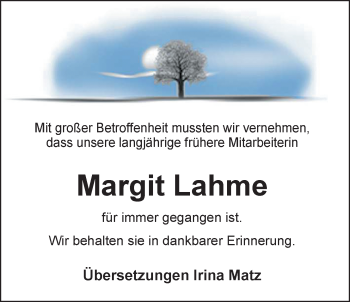 Traueranzeige von Margit Lahme von Nordwest-Zeitung