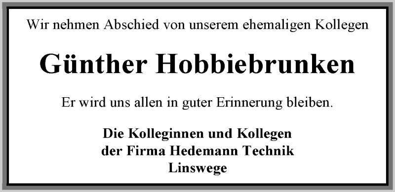 Traueranzeige für Günther Hobbiebrunken vom 21.06.2014 aus Nordwest-Zeitung