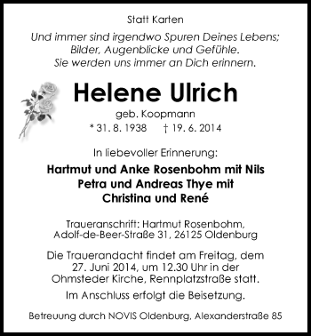 Traueranzeige von Helene Ulrich von Nordwest-Zeitung