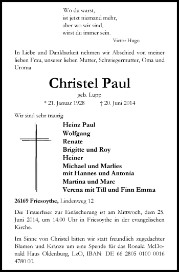 Traueranzeige von Christel Paul von Nordwest-Zeitung