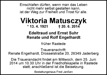 Traueranzeige von Viktoria Matusczyk von Nordwest-Zeitung