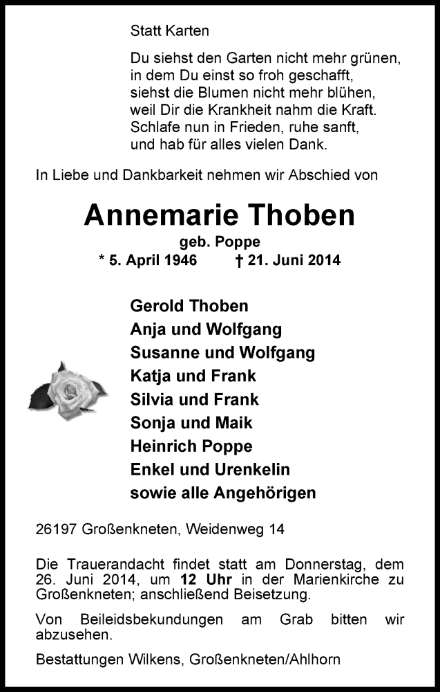  Traueranzeige für Annemarie Thoben vom 23.06.2014 aus Nordwest-Zeitung