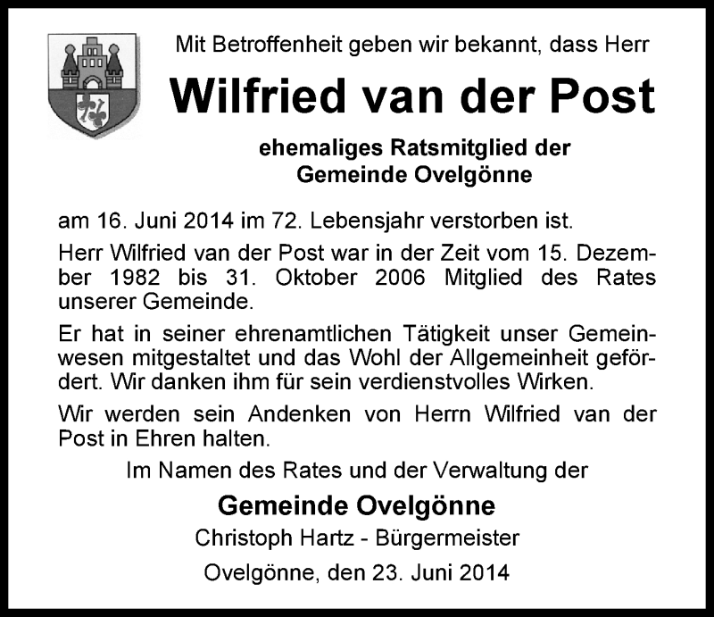  Traueranzeige für Wilfried van der Post vom 24.06.2014 aus Nordwest-Zeitung