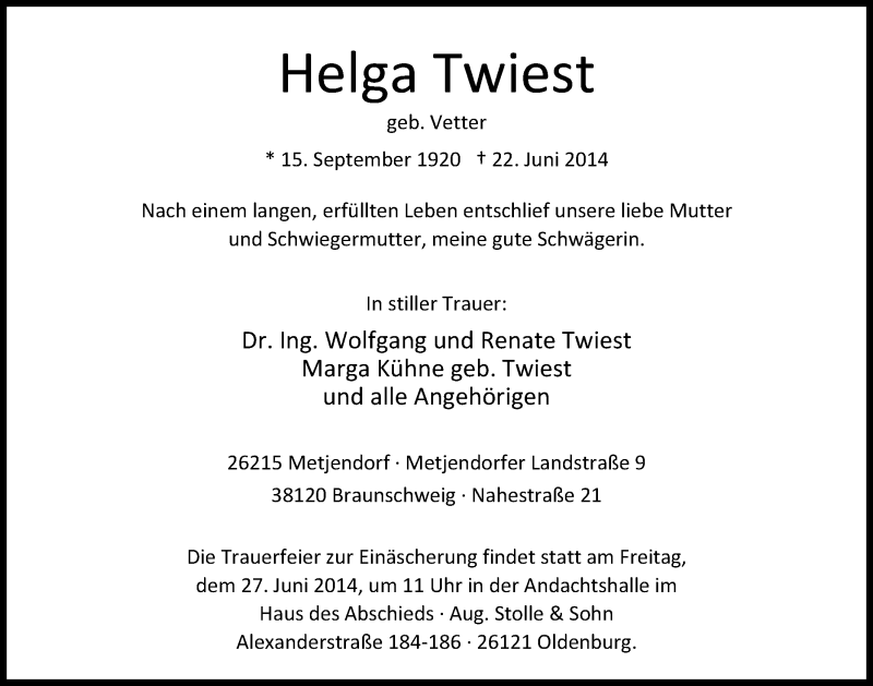  Traueranzeige für Helga Twiest vom 24.06.2014 aus Nordwest-Zeitung