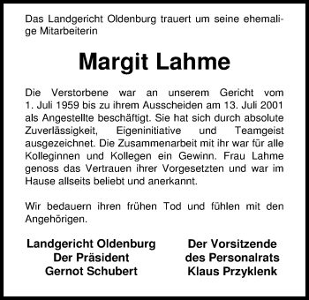 Traueranzeige von Margit Lahme von Nordwest-Zeitung