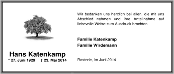 Traueranzeige von Hans Katenkamp von Nordwest-Zeitung