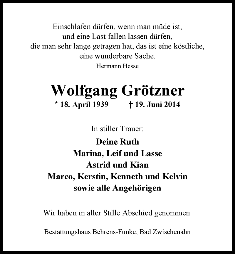  Traueranzeige für Wolfgang Grötzner vom 28.06.2014 aus Nordwest-Zeitung