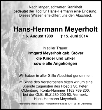 Traueranzeige von Hans-Hermann Meyerholt von Nordwest-Zeitung
