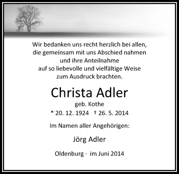 Traueranzeige von Christa Adler von Nordwest-Zeitung