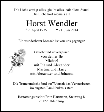 Traueranzeige von Horst Wendler von Nordwest-Zeitung