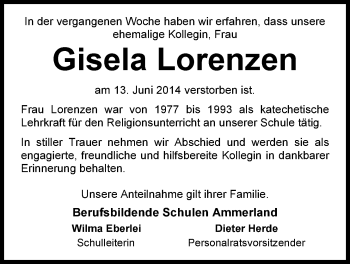 Traueranzeige von Gisela Lorenzen von Nordwest-Zeitung