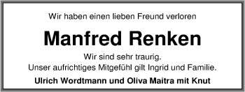 Traueranzeige von Manfred Renken von Nordwest-Zeitung