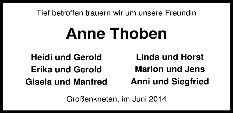  Traueranzeige für Annemarie Thoben vom 25.06.2014 aus Nordwest-Zeitung