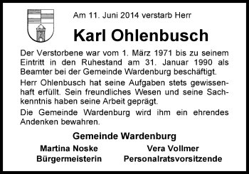 Traueranzeige von Karl Ohlenbusch von Nordwest-Zeitung