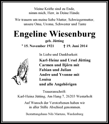 Traueranzeige von Engeline Wiesenburg von Nordwest-Zeitung