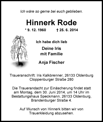 Traueranzeige von Hinnerk Rode von Nordwest-Zeitung