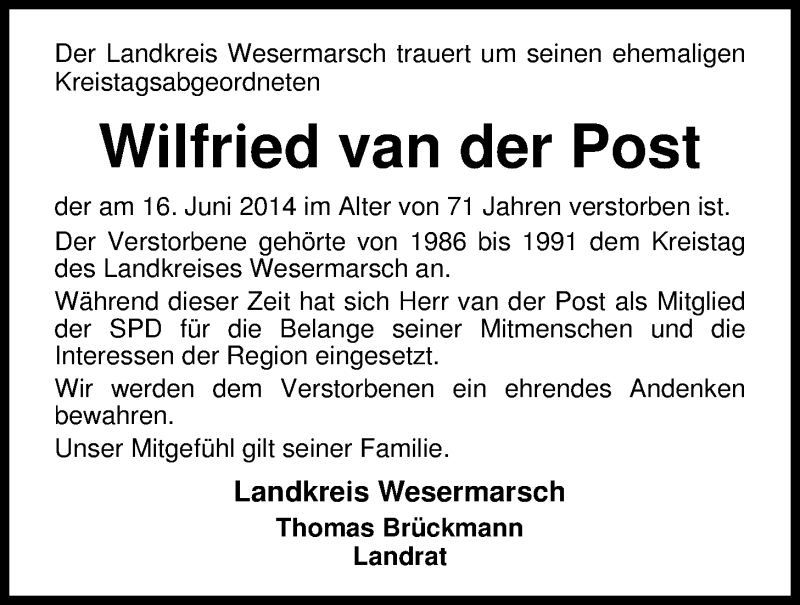  Traueranzeige für Wilfried van der Post vom 27.06.2014 aus Nordwest-Zeitung