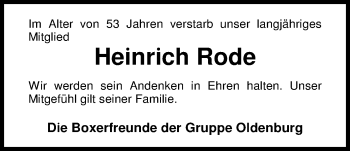 Traueranzeige von Hinnerk Rode von Nordwest-Zeitung