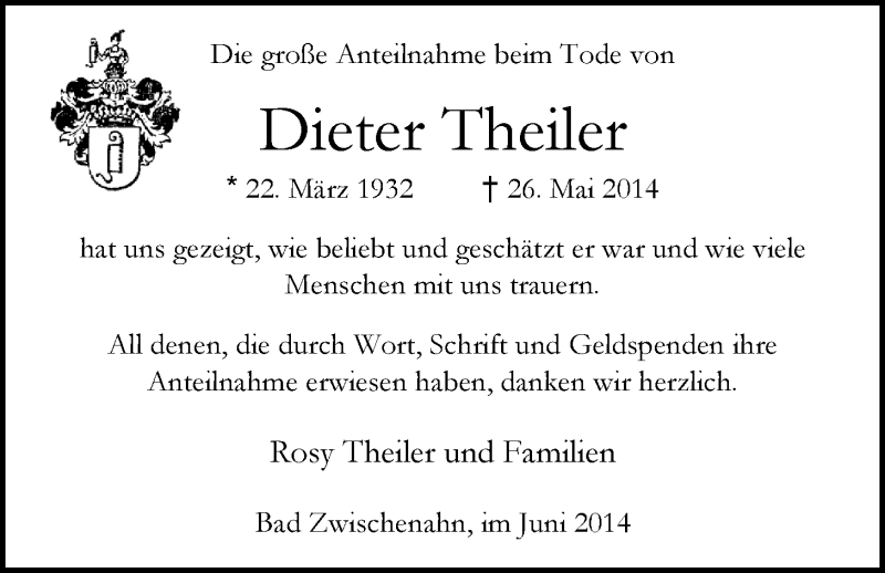  Traueranzeige für Dieter Theiler vom 28.06.2014 aus Nordwest-Zeitung