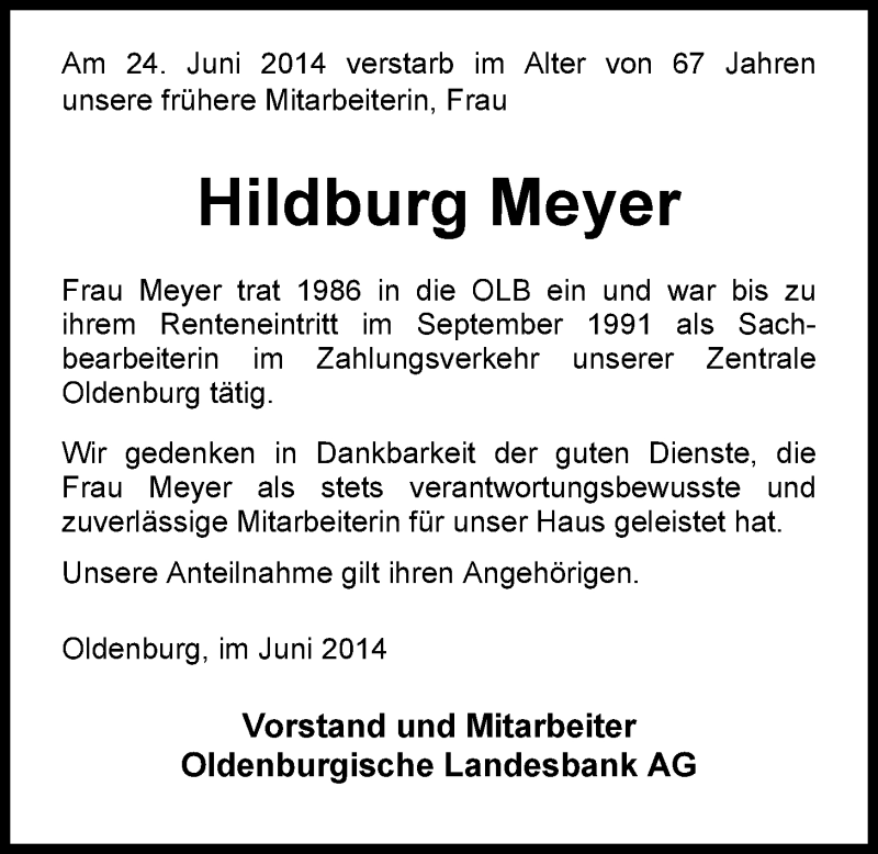 Traueranzeige für Hildburg Meyer vom 28.06.2014 aus Nordwest-Zeitung