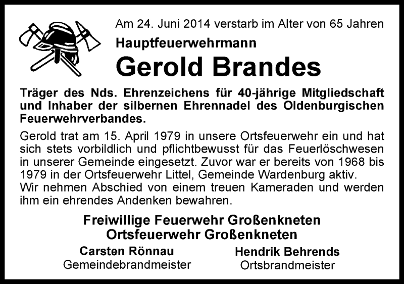  Traueranzeige für Gerold Brandes vom 28.06.2014 aus Nordwest-Zeitung