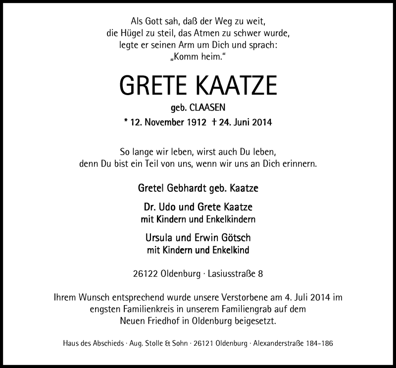  Traueranzeige für Grete Kaatze vom 05.07.2014 aus Nordwest-Zeitung