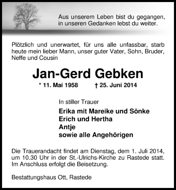 Traueranzeige von Jan-Gerd Gebken von Nordwest-Zeitung