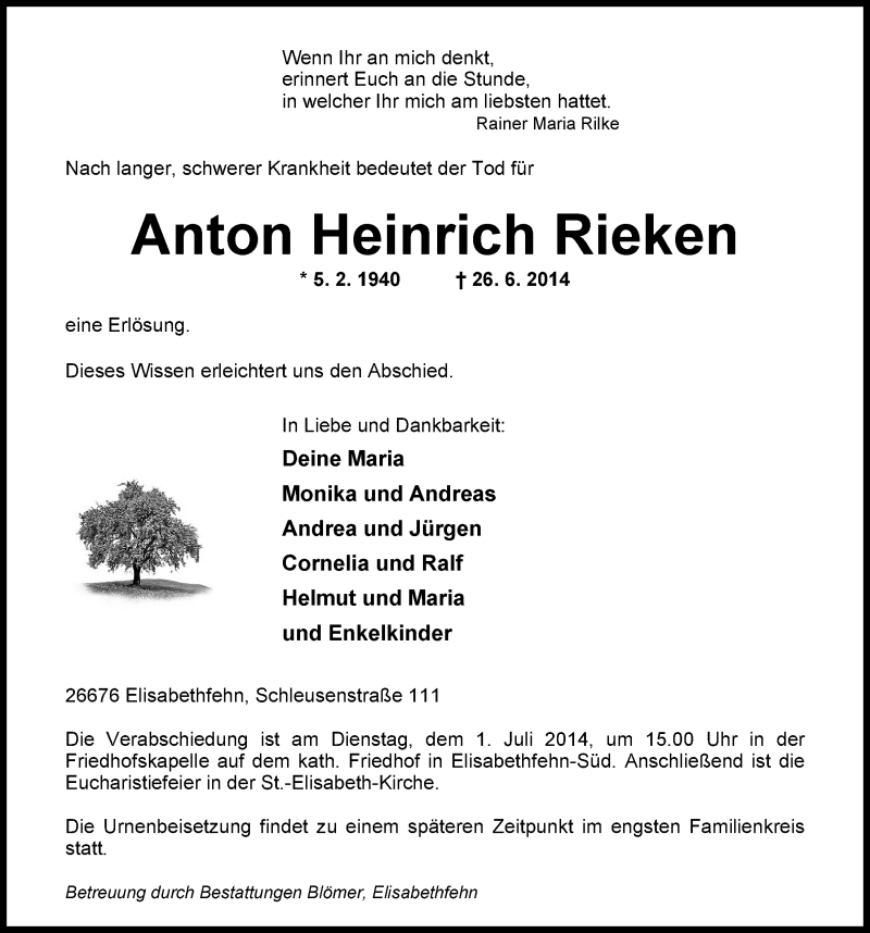  Traueranzeige für Anton Heinrich Rieken vom 28.06.2014 aus Nordwest-Zeitung