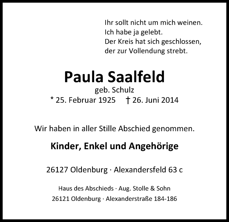  Traueranzeige für Paula Saalfeld vom 05.07.2014 aus Nordwest-Zeitung