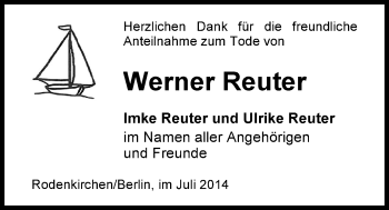 Traueranzeige von Werner Reuter von Nordwest-Zeitung