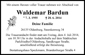 Traueranzeige von Waldemar Bardun von Nordwest-Zeitung