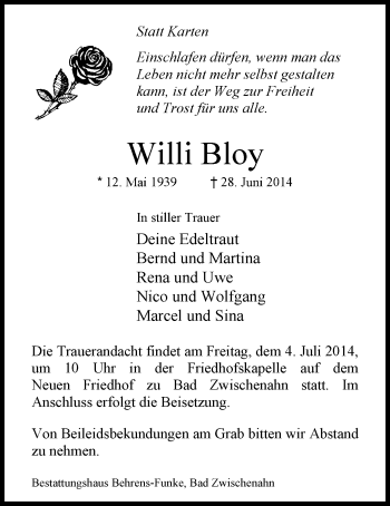 Traueranzeige von Willi Bloy von Nordwest-Zeitung