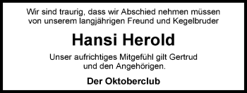 Traueranzeige von Hansi Herold von Nordwest-Zeitung