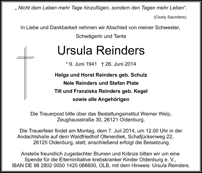  Traueranzeige für Ursula Reinders vom 01.07.2014 aus Nordwest-Zeitung