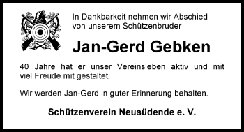 Traueranzeige von Jan-Gerd Gebken von Nordwest-Zeitung