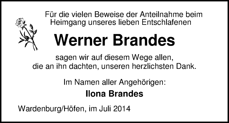  Traueranzeige für Werner Brandes vom 05.07.2014 aus Nordwest-Zeitung