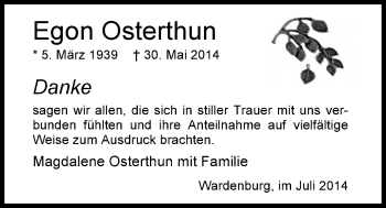 Traueranzeige von Egon Osterthun von Nordwest-Zeitung
