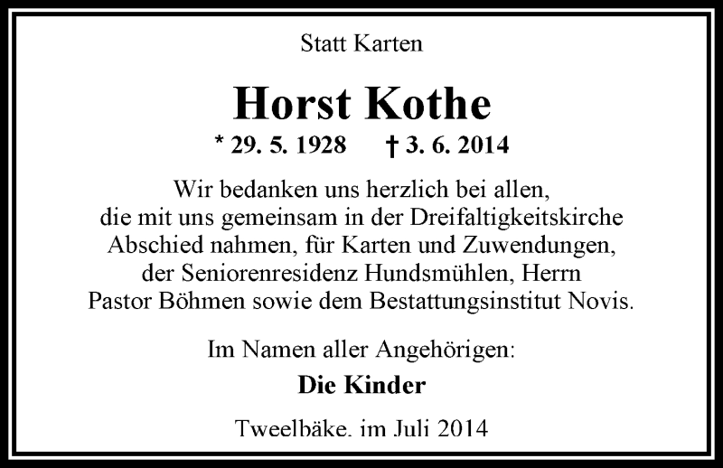  Traueranzeige für Horst Kothe vom 05.07.2014 aus Nordwest-Zeitung