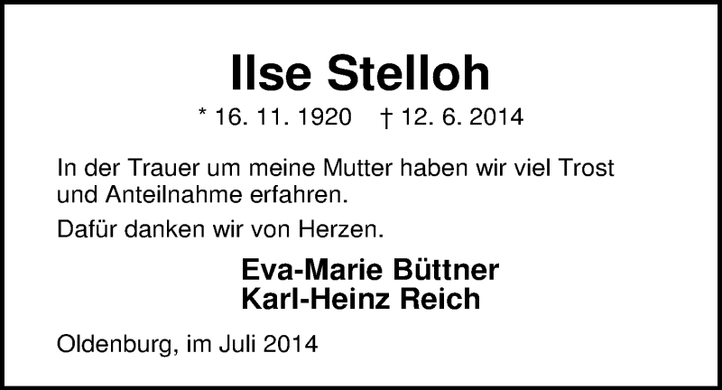  Traueranzeige für Ilse Stelloh vom 05.07.2014 aus Nordwest-Zeitung