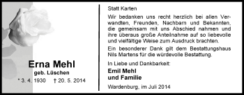 Traueranzeige von Erna Mehl von Nordwest-Zeitung