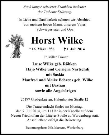 Traueranzeige von Horst Wilke von Nordwest-Zeitung