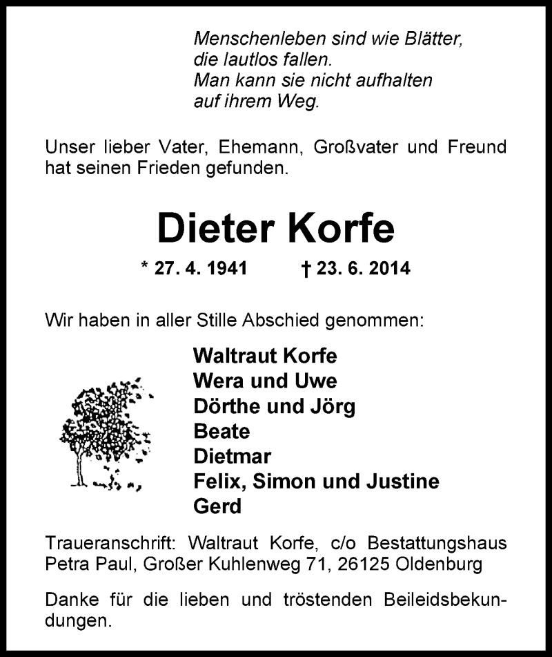  Traueranzeige für Dieter Korfe vom 12.07.2014 aus Nordwest-Zeitung