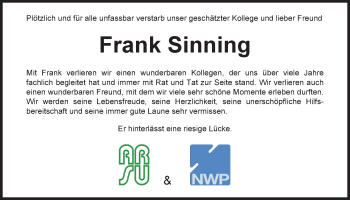 Traueranzeige von Frank Sinning von Nordwest-Zeitung